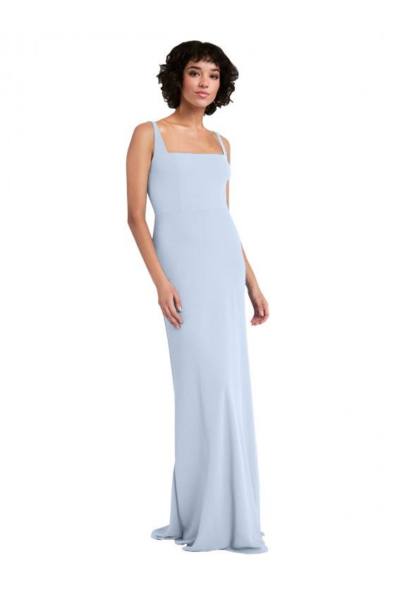 Light Sky Blue Stretch Crepe Square Neck Long Sleeveless Prom Dress / Bridesmaid Dress Southampton