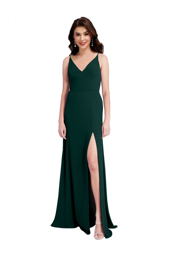V-Back Midnight Green Stretch Crepe V-Neck Long Sleeveless Formal Evening Gown / Prom Dress / Bridesmaid Dress Southampton