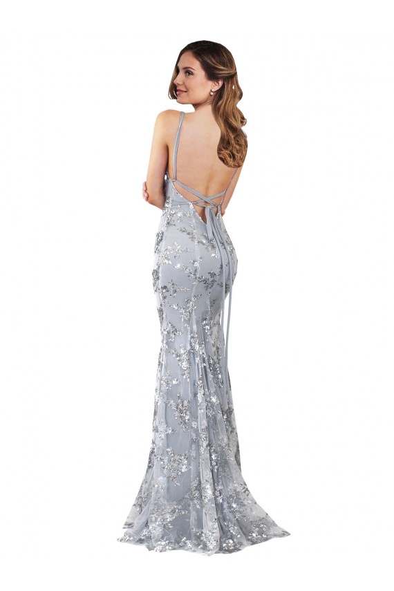 Open Back Silver Stretch Crepe & Sequin Tulle V-Neck Long Sleeveless Formal Evening Gown / Prom Dress / Bridesmaid Dress Southampton