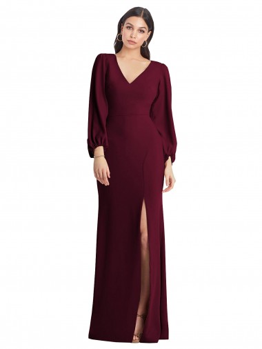 Stretch Crepe V-Neck Long Puff Sleeves Semi Formal Evening Dress / Prom Dress / Bridesmaid Dress Southampton