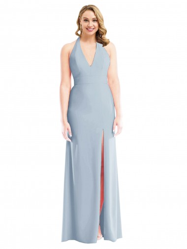 Open Back Light Sky Blue Stretch Crepe Halter Neck Long Sleeveless Bridesmaid Dress / Evening Dress Southampton