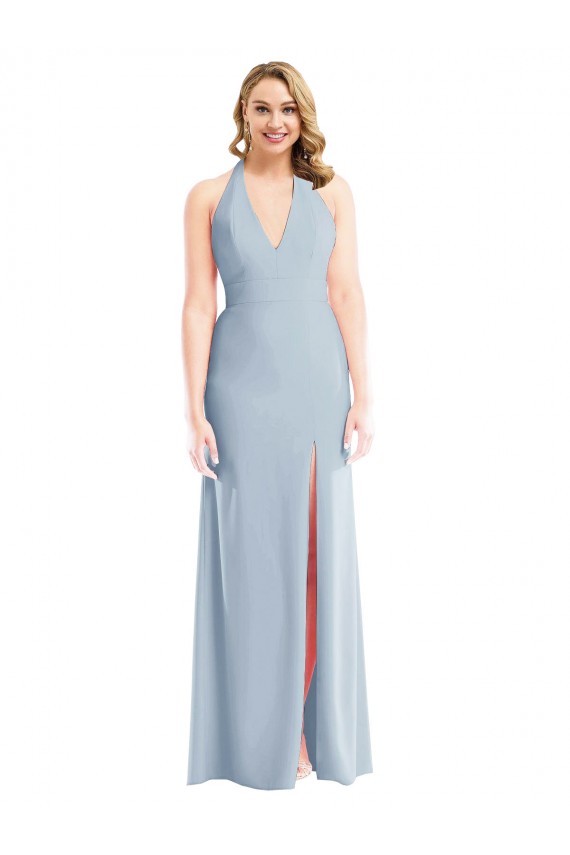 Open Back Light Sky Blue Stretch Crepe Halter Neck Long Sleeveless Bridesmaid Dress / Evening Dress Southampton