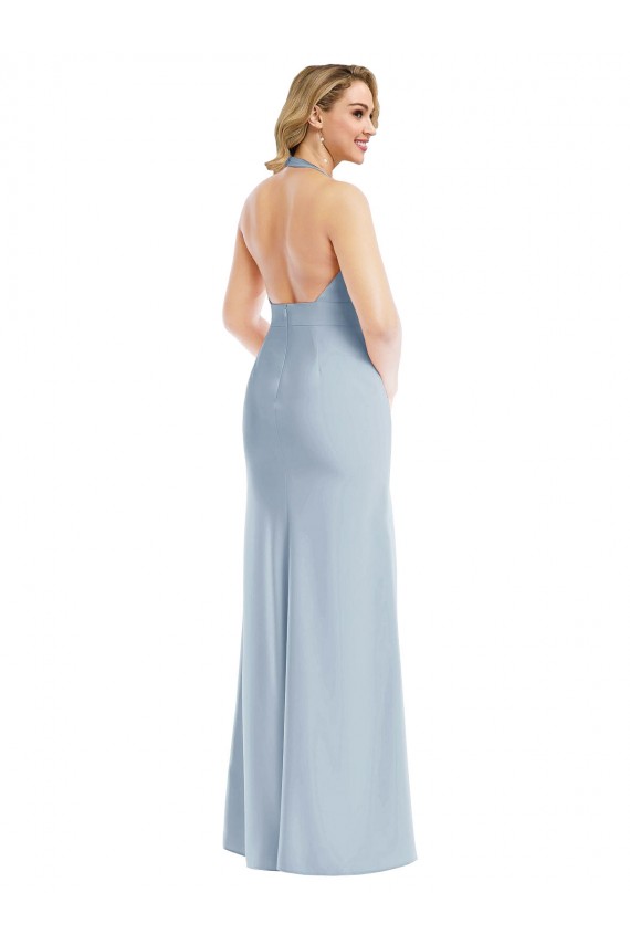 Open Back Light Sky Blue Stretch Crepe Halter Neck Long Sleeveless Bridesmaid Dress / Evening Dress Southampton