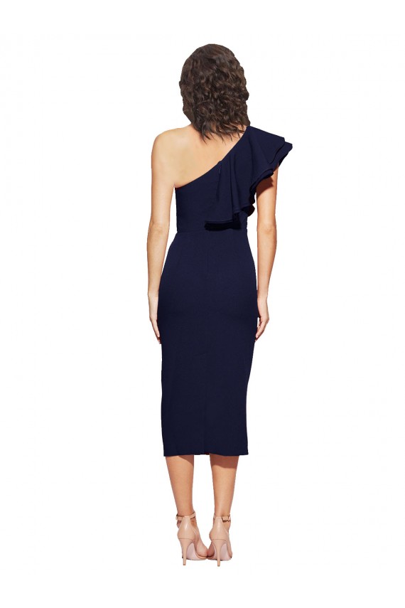 Dark Navy Stretch Crepe One Shoulder Midi Length Sleeveless Formal Evening Gown / Prom Dress / Bridesmaid Dress Southampton