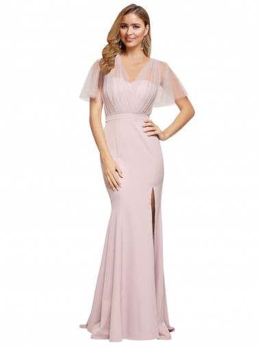 V-Back Stretch Crepe & Tulle One Shoulder Short Sleeves Long Formal Evening Gown / Prom Dress / Bridesmaid Dress Southampton