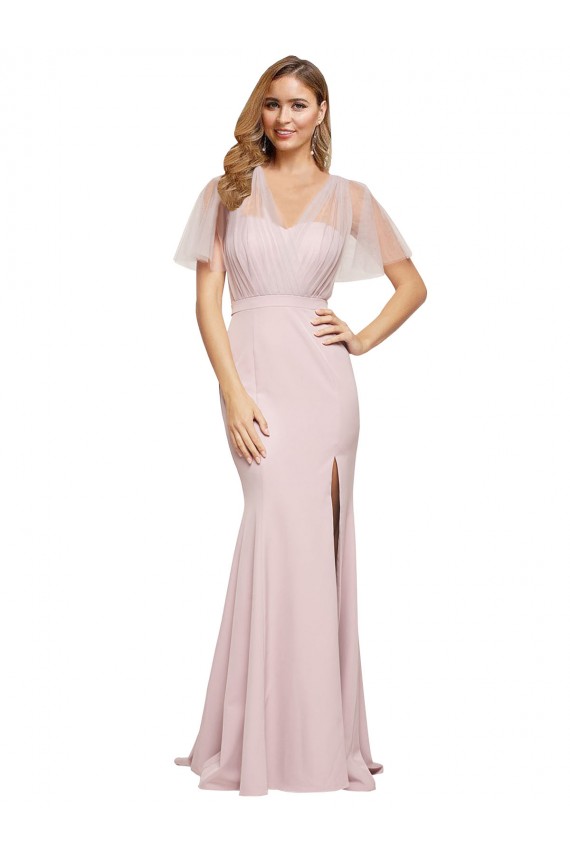 V-Back Stretch Crepe & Tulle One Shoulder Short Sleeves Long Formal Evening Gown / Prom Dress / Bridesmaid Dress Southampton