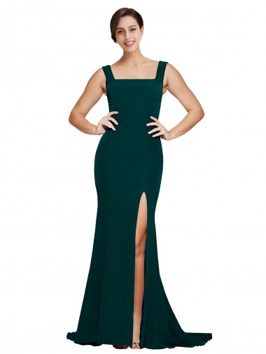 Midnight Green Stretch Crepe Square Neck Sweep Train Sleeveless Semi Formal Evening Dress / Prom Dress / Bridesmaid Dress Southampton