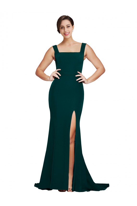 Midnight Green Stretch Crepe Square Neck Sweep Train Sleeveless Semi Formal Evening Dress / Prom Dress / Bridesmaid Dress Southampton