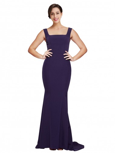 Dark Navy Stretch Crepe Square Neck Sweep Train Sleeveless Semi Formal Evening Dress / Prom Dress / Bridesmaid Dress Southampton