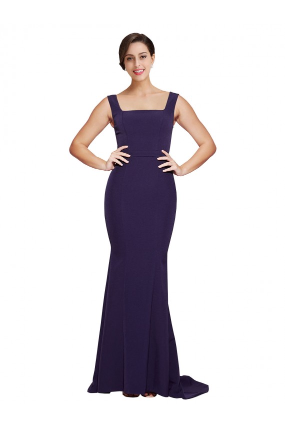 Dark Navy Stretch Crepe Square Neck Sweep Train Sleeveless Semi Formal Evening Dress / Prom Dress / Bridesmaid Dress Southampton