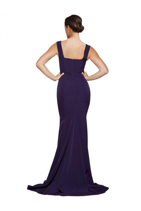Dark Navy Stretch Crepe Square Neck Sweep Train Sleeveless Semi Formal Evening Dress / Prom Dress / Bridesmaid Dress Southampton