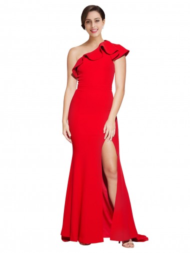 Red Stretch Crepe One Shoulder Sweep Train Sleeveless Semi Formal Evening Dress / Prom Dress / Bridesmaid Dress Southampton