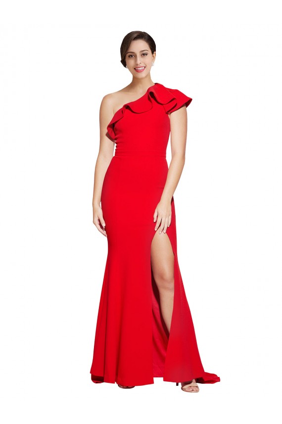 Red Stretch Crepe One Shoulder Sweep Train Sleeveless Semi Formal Evening Dress / Prom Dress / Bridesmaid Dress Southampton