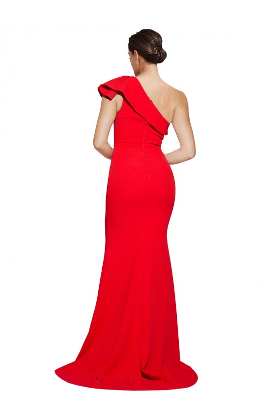 Red Stretch Crepe One Shoulder Sweep Train Sleeveless Semi Formal Evening Dress / Prom Dress / Bridesmaid Dress Southampton