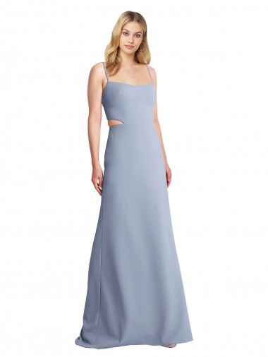 Open Back Smoke Blue Stretch Crepe Spaghetti Straps Long Sleeveless Prom Dress / Bridesmaid Dress Southampton