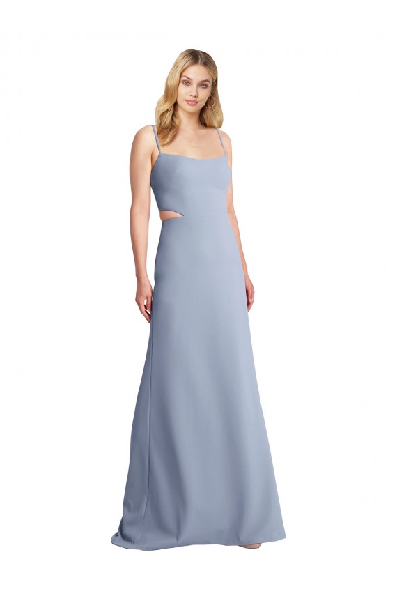 Open Back Smoke Blue Stretch Crepe Spaghetti Straps Long Sleeveless Prom Dress / Bridesmaid Dress Southampton