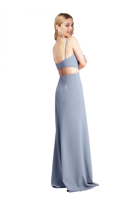 Open Back Smoke Blue Stretch Crepe Spaghetti Straps Long Sleeveless Prom Dress / Bridesmaid Dress Southampton