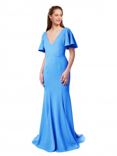 V-Back Stretch Crepe V-Neck Sweep Train Short Sleeves Prom Dress / Bridesmaid Dress Southampton