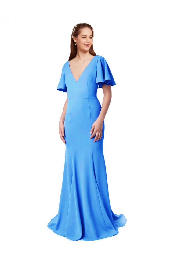 V-Back Stretch Crepe V-Neck Sweep Train Short Sleeves Prom Dress / Bridesmaid Dress Southampton