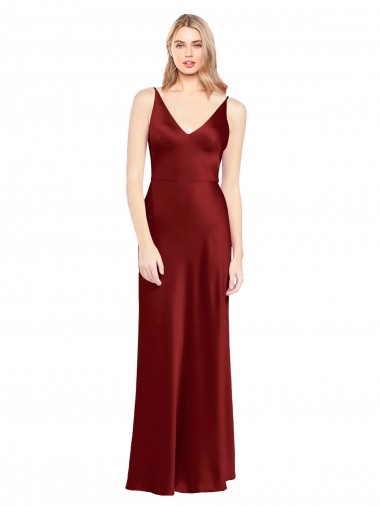 V-Back Burgundy Stretch Satin Spaghetti Straps Long Sleeveless Formal Evening Gown / Prom Dress / Bridesmaid Dress Southampton