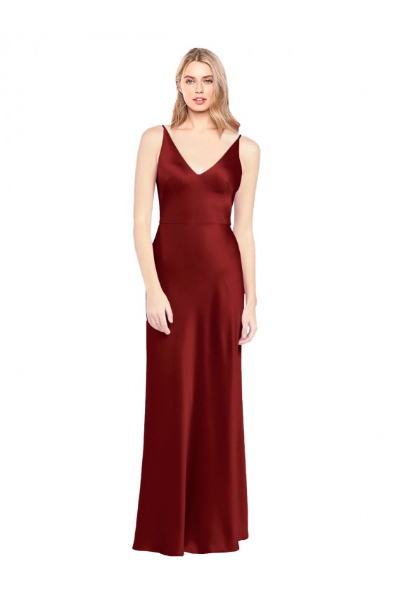 V-Back Burgundy Stretch Satin Spaghetti Straps Long Sleeveless Formal Evening Gown / Prom Dress / Bridesmaid Dress Southampton