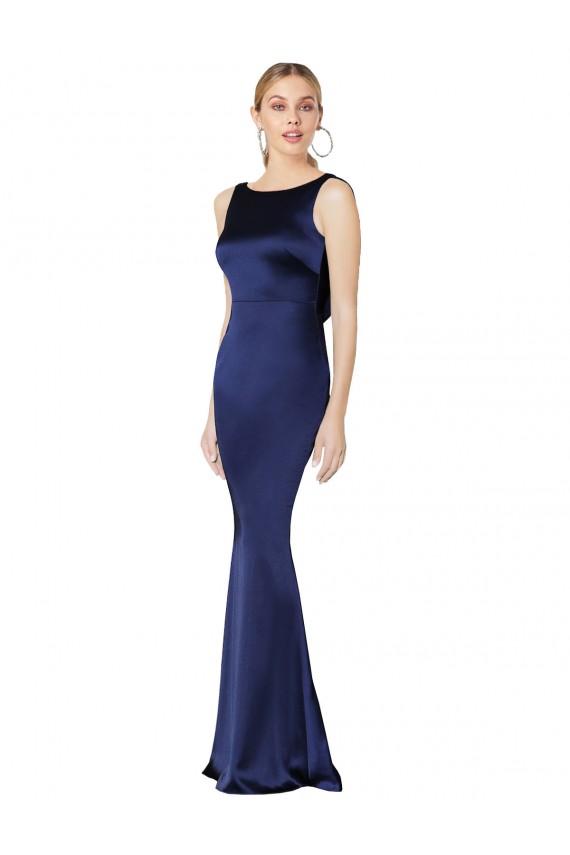 Low Back Dark Navy Stretch Satin Halter Neck Long Sleeveless Formal Evening Gown / Prom Dress / Bridesmaid Dress Southampton
