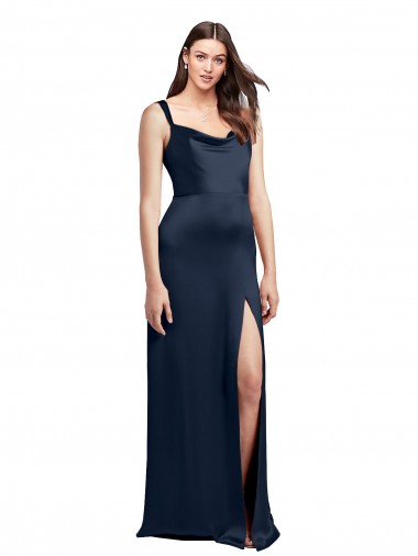 Low Back Dark Navy Stretch Satin Cowl Neck Long Sleeveless Formal Evening Gown / Prom Dress / Bridesmaid Dress Southampton