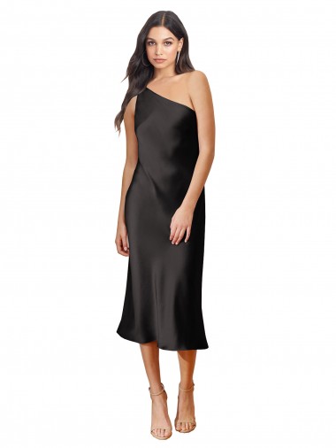 Stretch Satin One Shoulder Midi Length Sleeveless Black Tie Evening Dress / Prom Dress / Bridesmaid Dress Southampton