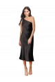 Stretch Satin One Shoulder Midi Length Sleeveless Black Tie Evening Dress / Prom Dress / Bridesmaid Dress Southampton