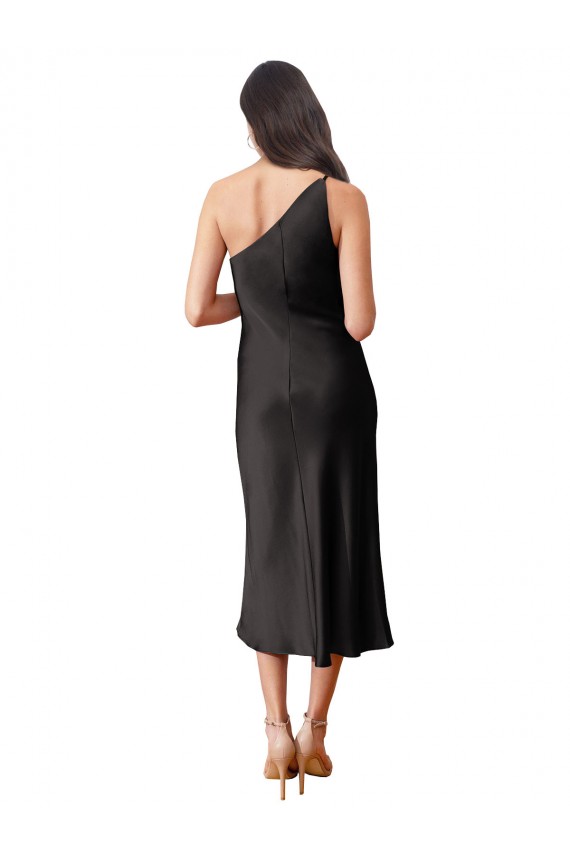 Stretch Satin One Shoulder Midi Length Sleeveless Black Tie Evening Dress / Prom Dress / Bridesmaid Dress Southampton