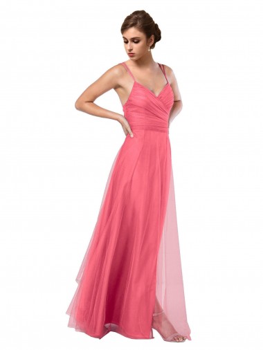 V-Back Watermelon Tulle Spaghetti Straps Long Sleeveless Bridesmaid Dress Southampton
