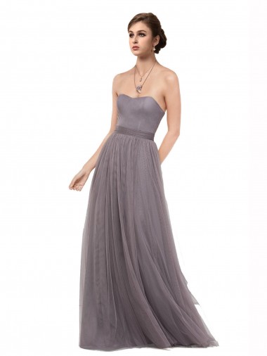 V-Back Pewter Tulle Spaghetti Straps Long Sleeveless Bridesmaid Dress Southampton