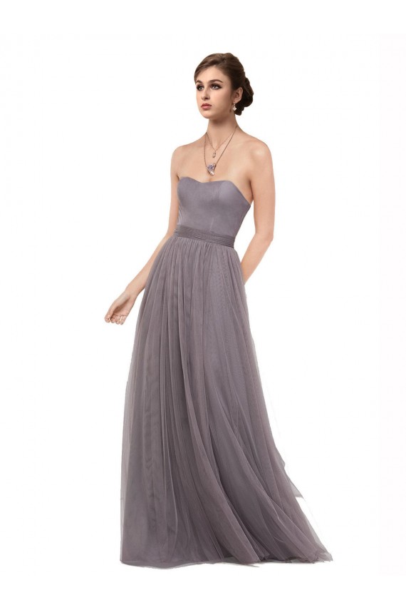 V-Back Pewter Tulle Spaghetti Straps Long Sleeveless Bridesmaid Dress Southampton