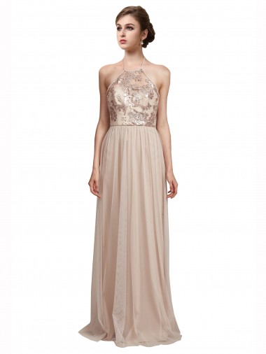 Nude Tulle Halter Neck Long Sleeveless Bridesmaid Dress Southampton