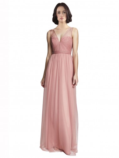Rose Pink Tulle V-Neck Long Sleeveless Bridesmaid Dress Southampton