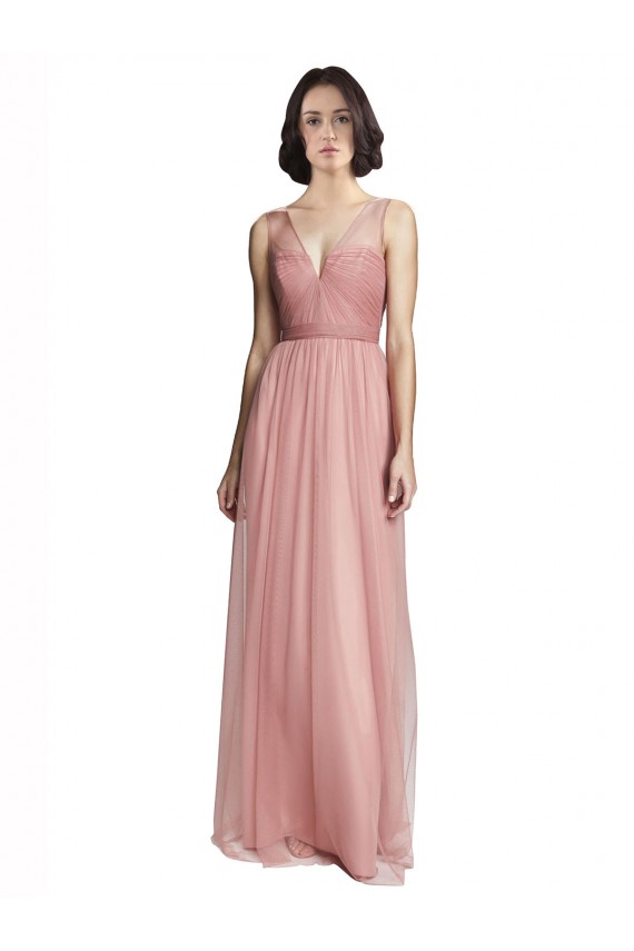 Rose Pink Tulle V-Neck Long Sleeveless Bridesmaid Dress Southampton