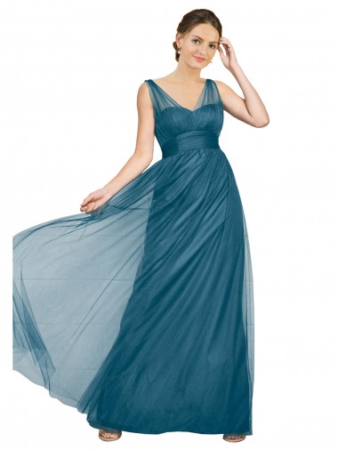 V-Back Teal Green Tulle V-Neck Long Sleeveless Bridesmaid Dress Southampton