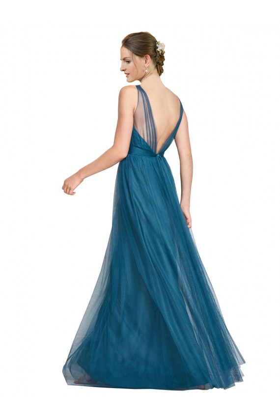 V-Back Teal Green Tulle V-Neck Long Sleeveless Bridesmaid Dress Southampton