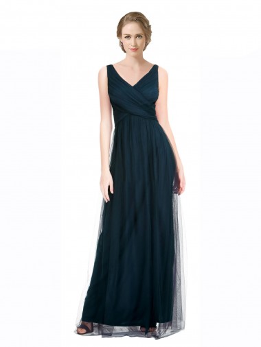 Blue Tulle V-Neck Long Sleeveless Bridesmaid Dress Southampton