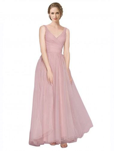 V-Back Pink Tulle V-Neck Long Sleeveless Bridesmaid Dress Southampton