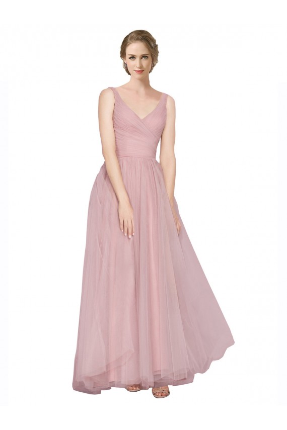 V-Back Pink Tulle V-Neck Long Sleeveless Bridesmaid Dress Southampton