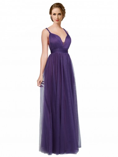 Low Back Purple Tulle Spaghetti Straps Long Sleeveless Bridesmaid Dress Southampton
