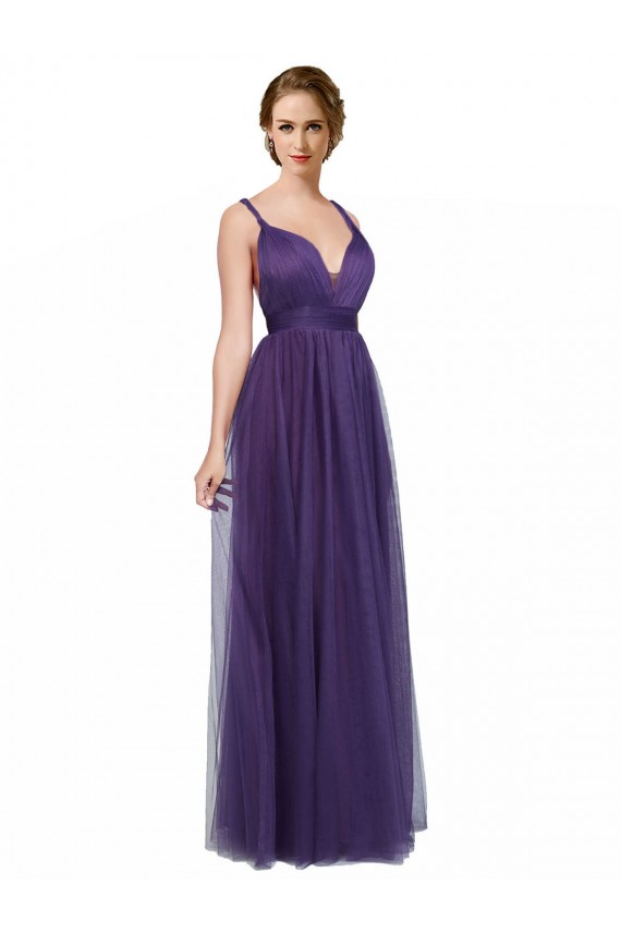 Low Back Purple Tulle Spaghetti Straps Long Sleeveless Bridesmaid Dress Southampton