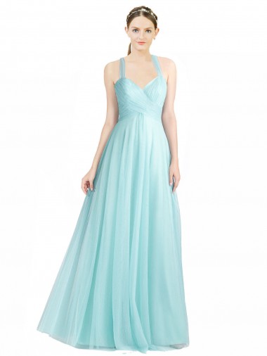 Low Back Mint Green Tulle Spaghetti Straps Long Sleeveless Bridesmaid Dress Southampton