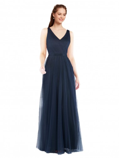 V-Back Dark Navy Tulle V-Neck Long Sleeveless Bridesmaid Dress Southampton