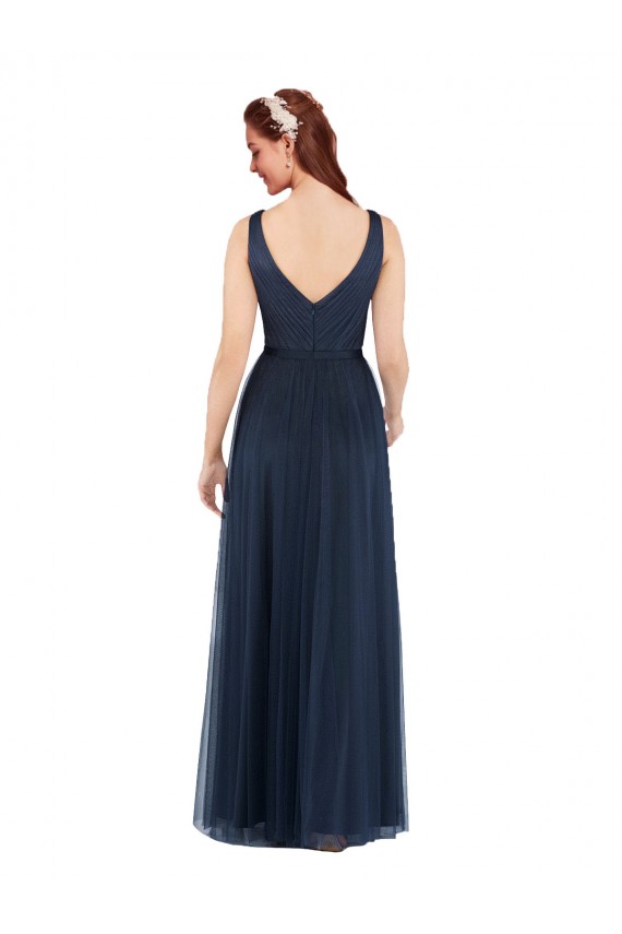 V-Back Dark Navy Tulle V-Neck Long Sleeveless Bridesmaid Dress Southampton