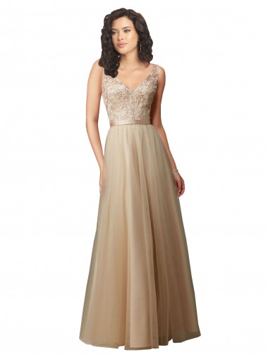 V-Back Tulle & Lace V-Neck Long Sleeveless Bridesmaid Dress Southampton