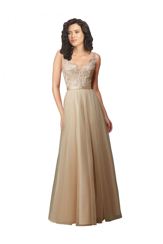 V-Back Tulle & Lace V-Neck Long Sleeveless Bridesmaid Dress Southampton