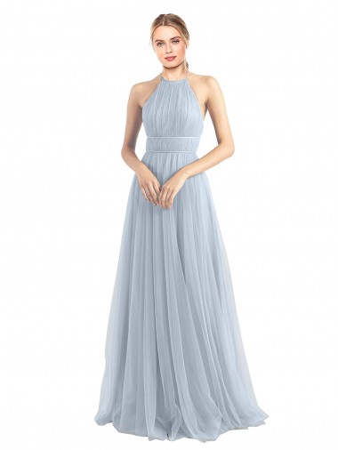 Open Back Light Sky Blue Tulle Halter Neck Long Sleeveless Bridesmaid Dress Southampton