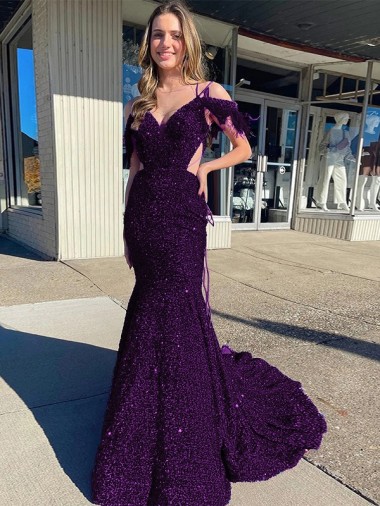 Velvet Sequin Spaghetti Straps Court Train Sleeveless Prom Dress / Evening Dress Southampton